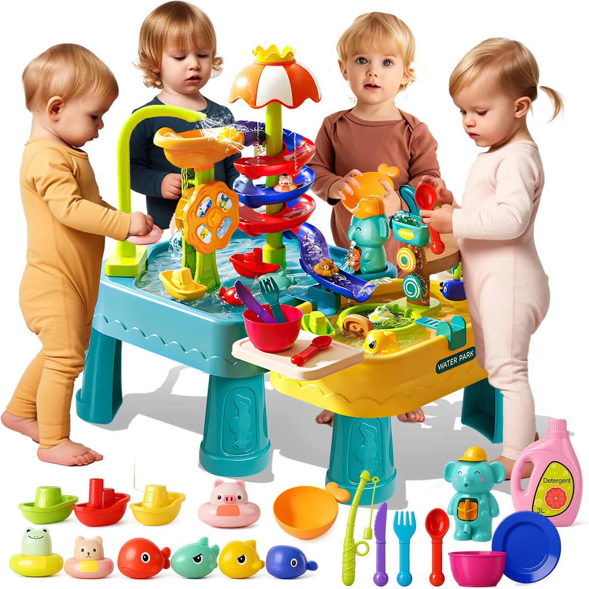 Beach Water Toys for Toddlers 1-3 Outdoor Sand and Water Play Tables with Pump 4 in 1 Summer Kitchen Sink Toy with Fishing Game Floating Boat Sensory Gifts for Kids Ages 3 to 8