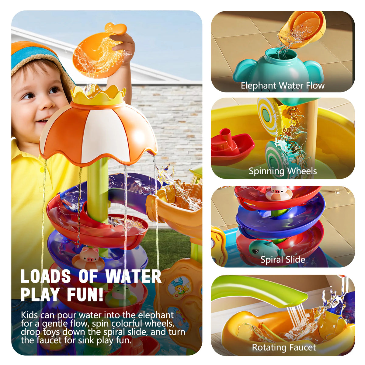 Beach Water Toys for Toddlers 1-3 Outdoor Sand and Water Play Tables with Pump 4 in 1 Summer Kitchen Sink Toy with Fishing Game Floating Boat Sensory Gifts for Kids Ages 3 to 8