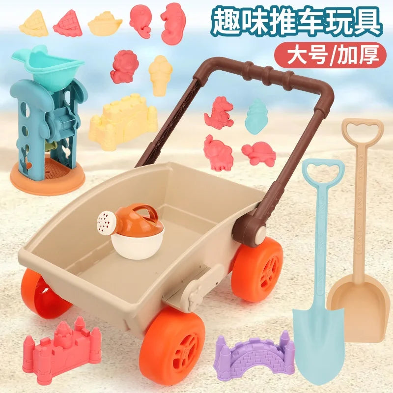 new Beach Toys Set for Kids Trolley Collapsible Sand Bucket Shovels Set Mesh Bag Sand Molds Sandbox for Kid
