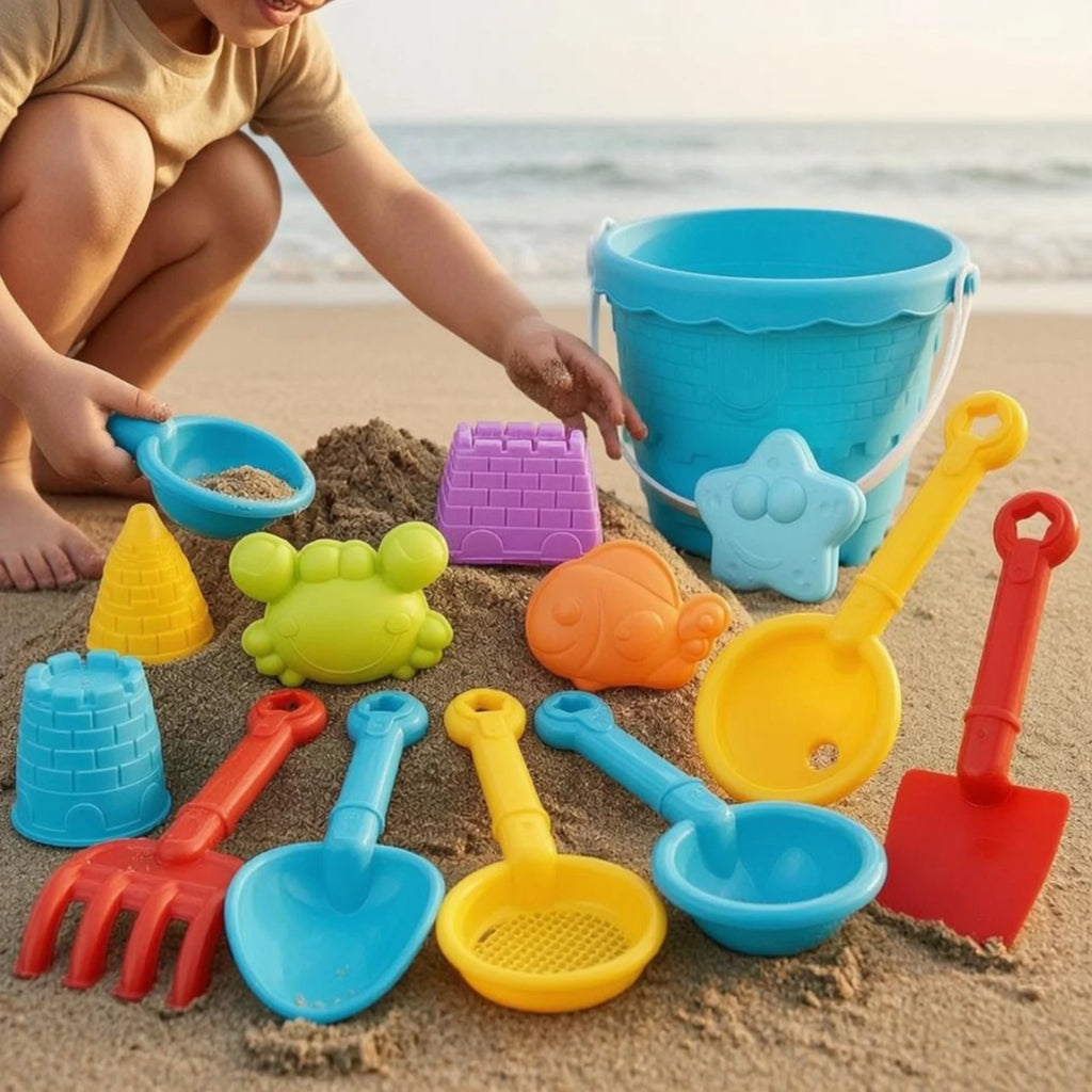 15 Pieces Sand and Water Toy Set Brightly Colored Beach Sand Toy Set Sandcastle Building Kit Molded Shapes Sieve for Children