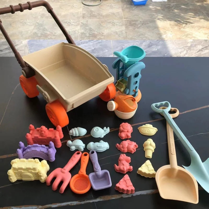 new Beach Toys Set for Kids Trolley Collapsible Sand Bucket Shovels Set Mesh Bag Sand Molds Sandbox for Kid