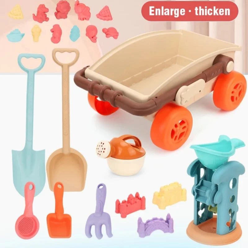new Beach Toys Set for Kids Trolley Collapsible Sand Bucket Shovels Set Mesh Bag Sand Molds Sandbox for Kid