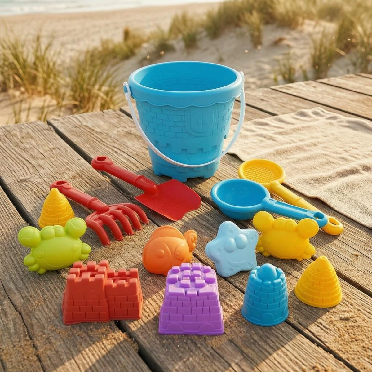 15 Pieces Sand and Water Toy Set Brightly Colored Beach Sand Toy Set Sandcastle Building Kit Molded Shapes Sieve for Children